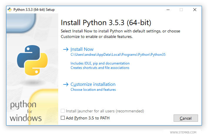premi&egrave;re &eacute;tape de l'installation de Python sur Windows