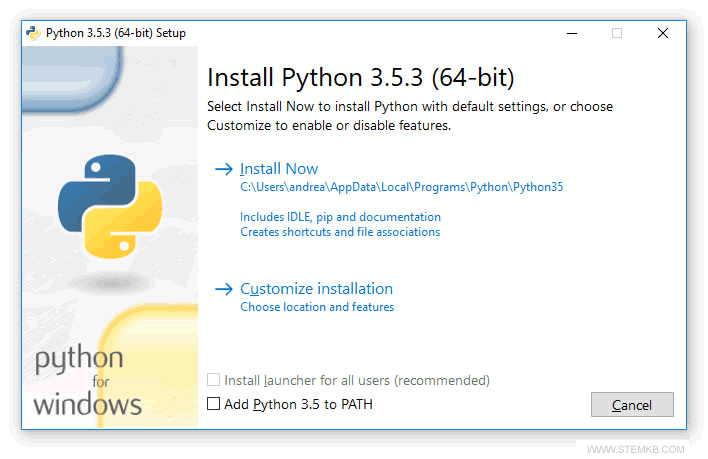 premi&egrave;re &eacute;tape de l'installation de Python sur Windows