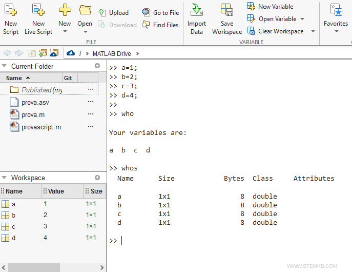 Liste des variables dans l'espace de travail.