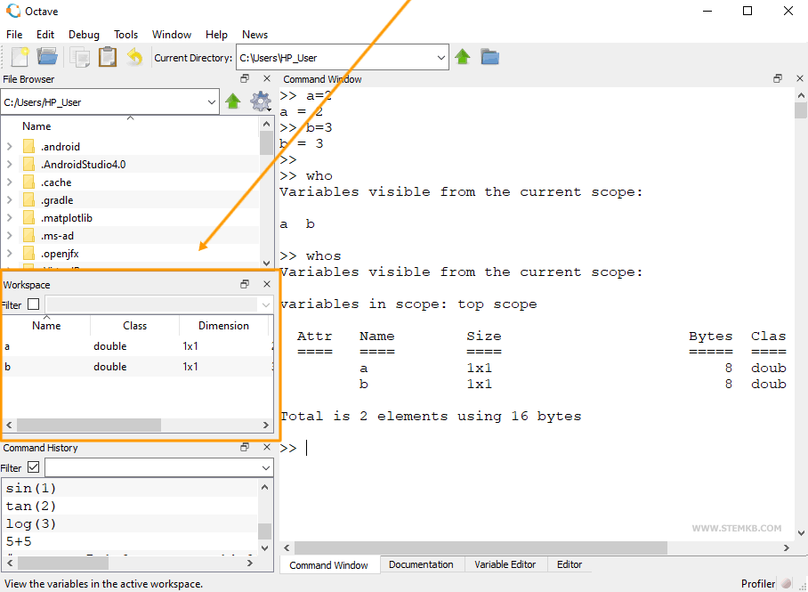 Liste des variables dans l'espace de travail.