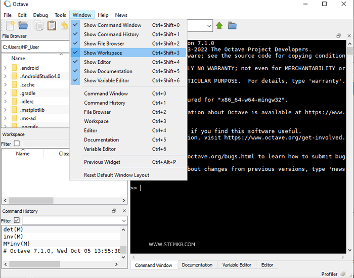 Comment afficher les fen&ecirc;tres de l'espace de travail dans Octave